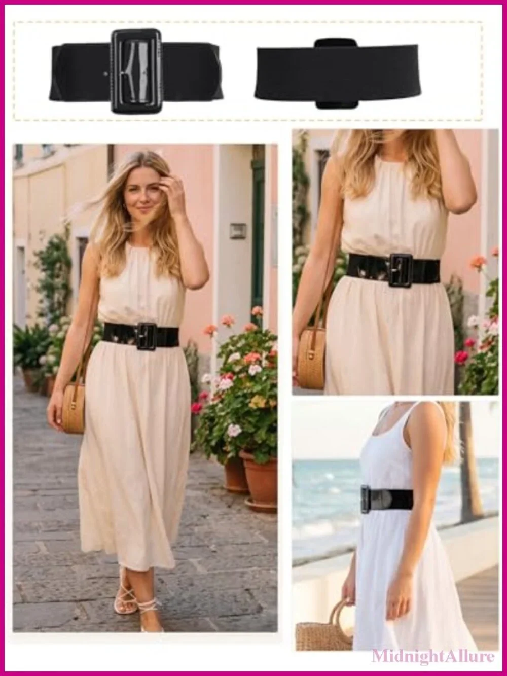 Women's Stretchy Belt 3 Inch Wide Elastic PU Leather Vintage Chunky Buckle